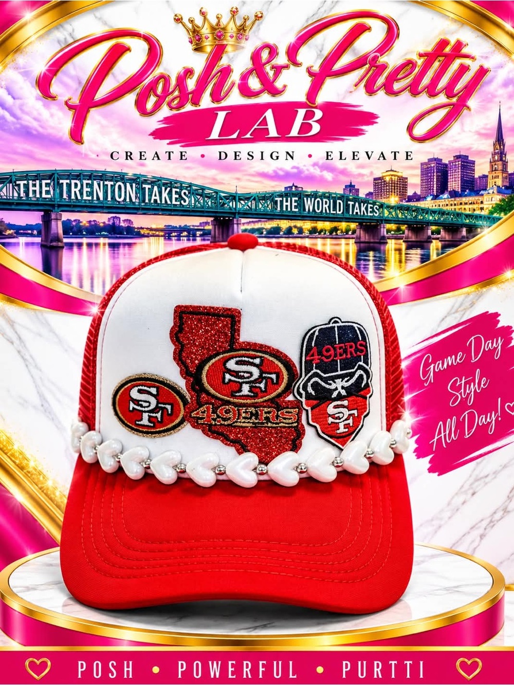 Red and White 49ers Heart-Beaded Trucker Hat